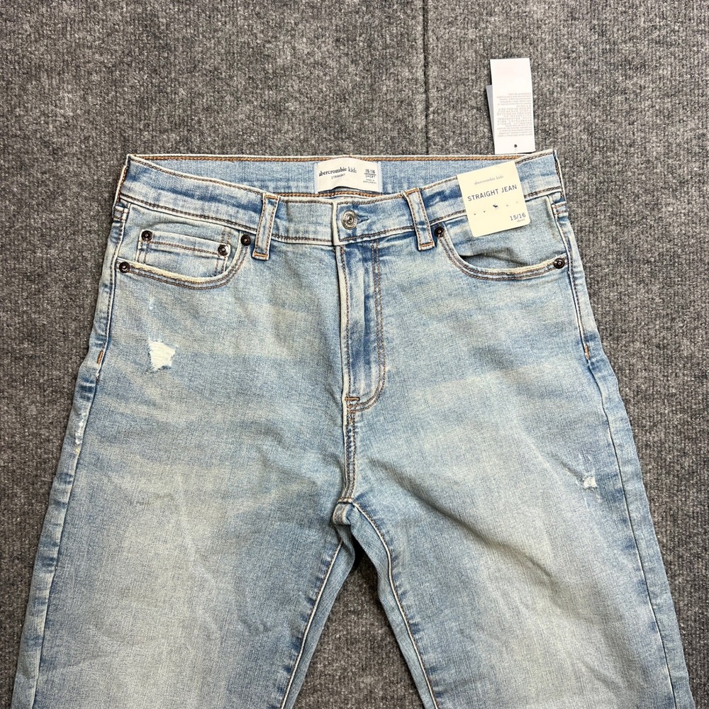 NWT Abercrombie Kids Straight Jeans Size 15/16 Short Light Wash Distressed‎ Blue - Picture 4 of 15